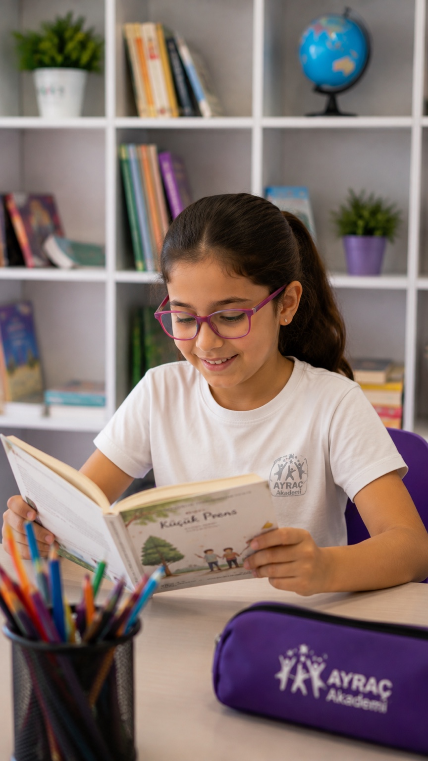 Ayraç Akademi logolu tişörtüyle kitap okuyan öğrenci